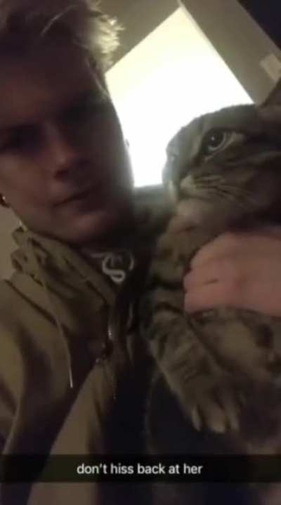 Cat hisses at Man. Man hisses at Cat. Cat takes offense.