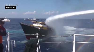 China Coast Guard POV of their high-powered watercannon onslaught of the Philippine resupply boat 