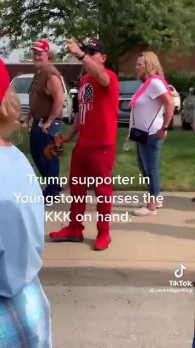 During the recent Trump rally in Youngstown, Ohio, a supporter curses at KKK members say “they give Trump Supporters a bad name” I Shit You Not.